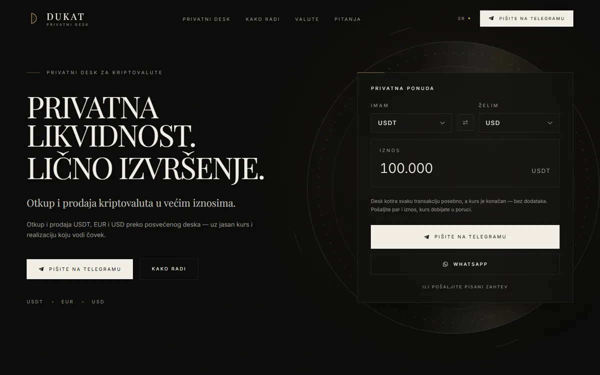 Početna strana sajta DUKAT Private Desk na srpskom