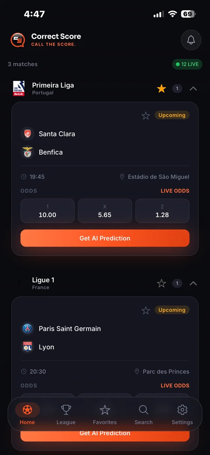 The feed — grouped by competition